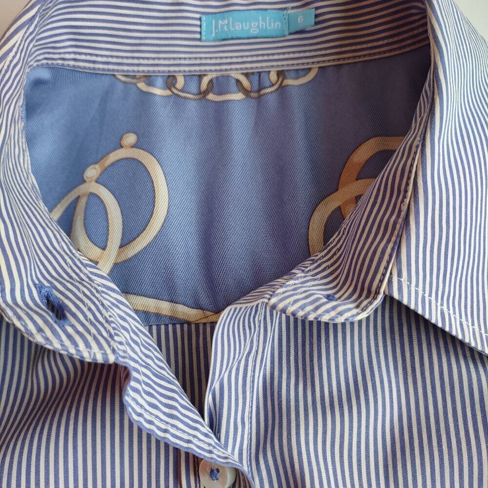 J. McLaughlin Whitney Blouse Blue Stripe 3/4 Sleeve Button Up Classic Size 6 - Picture 6 of 8
